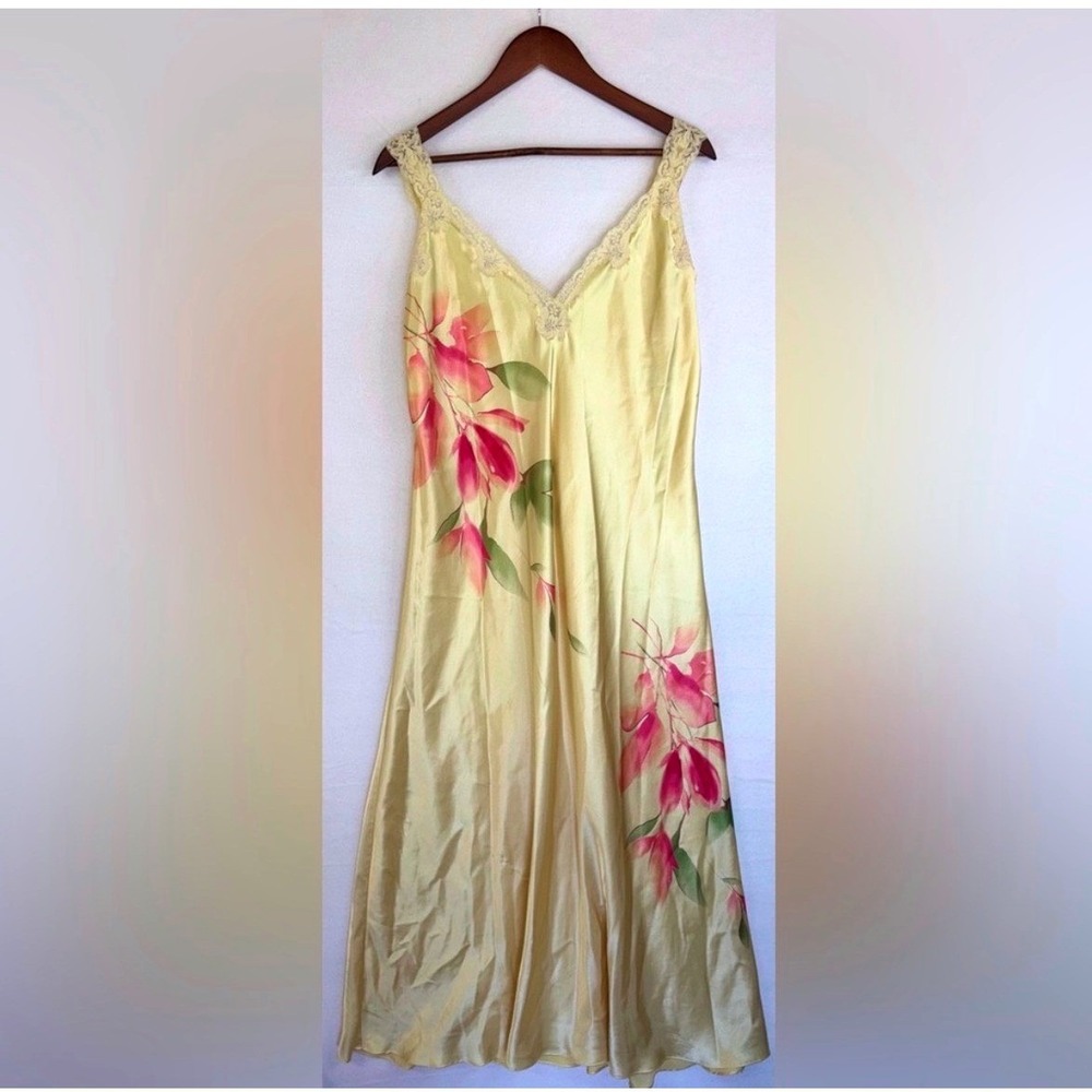 VINTAGEโ Long Satin Nightgown Yellow Maxi Lace Floral Pink 60s 70s Slip Dress